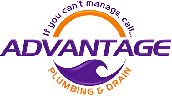 Logo for Advantage Plumbing & Drain featuring purple and orange text with a wave graphic.