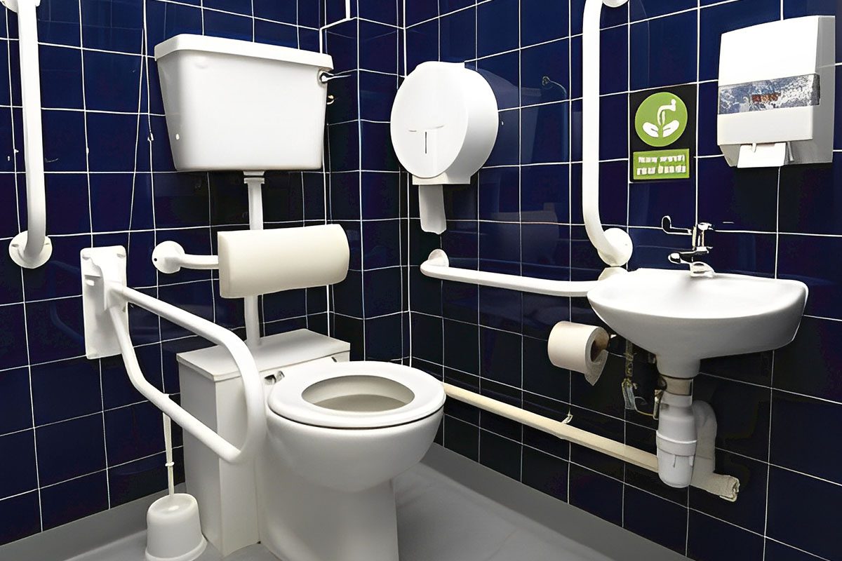 Accessible bathroom with a toilet, grab bars, paper dispenser, and a sink on dark blue tiled walls.