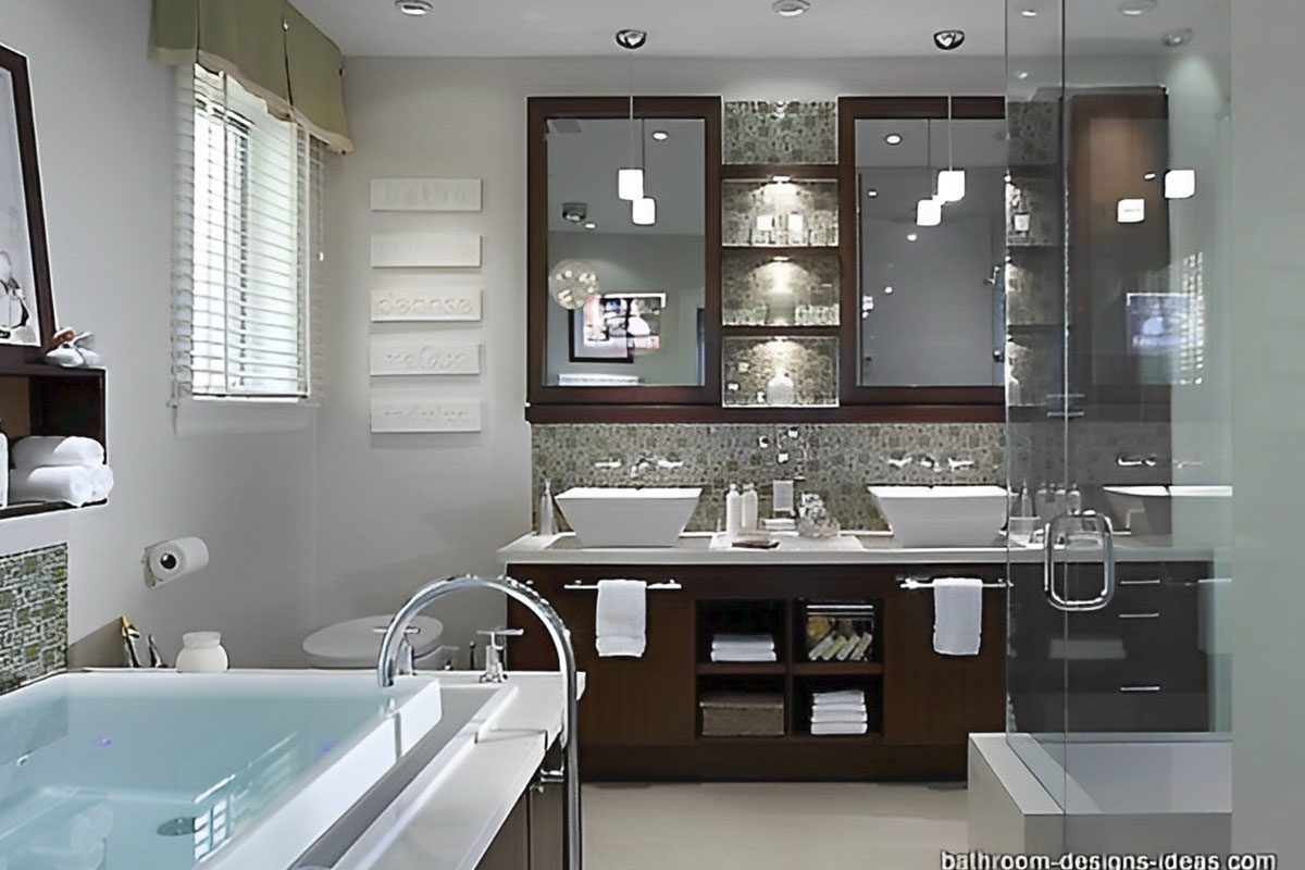 Modern bathroom with dual sinks, large mirror, glass-enclosed shower, and freestanding bathtub. Dark wood cabinetry complements the neutral decor and mosaic tile accents.