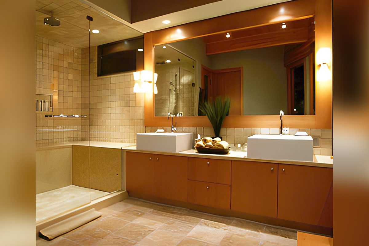 Modern bathroom with a double sink vanity, large mirror, and a glass-enclosed shower. The space is well-lit, with beige tiles and light wood accents, creating a warm ambiance.