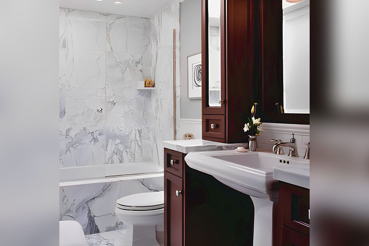 Bathroom with dark wood cabinets, white sink, and toilet. Marble-patterned shower walls and a framed artwork on the wall. Simple decor includes a small vase with flowers on the counter.