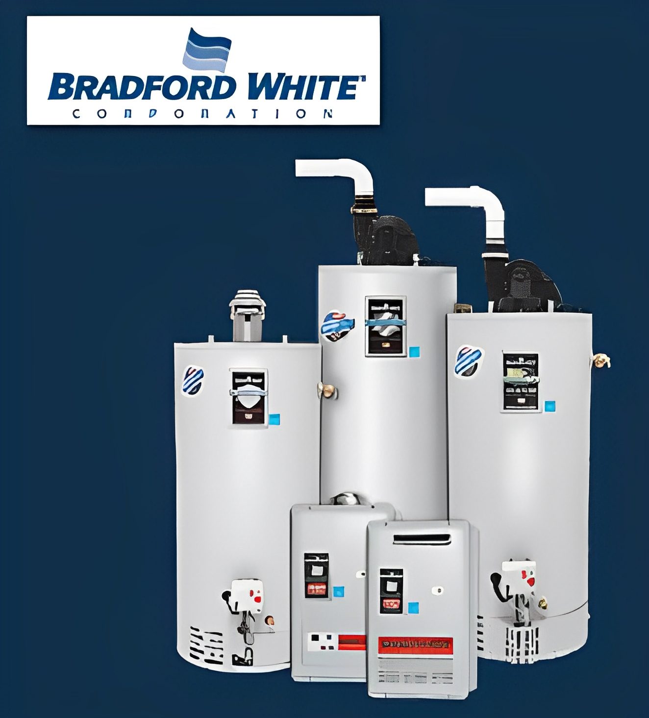 235198bb-7257-4612-b6c2-ac9083d59d98 Four Bradford White water heaters of varying sizes are displayed against a dark blue background. The company's logo is shown at the top.