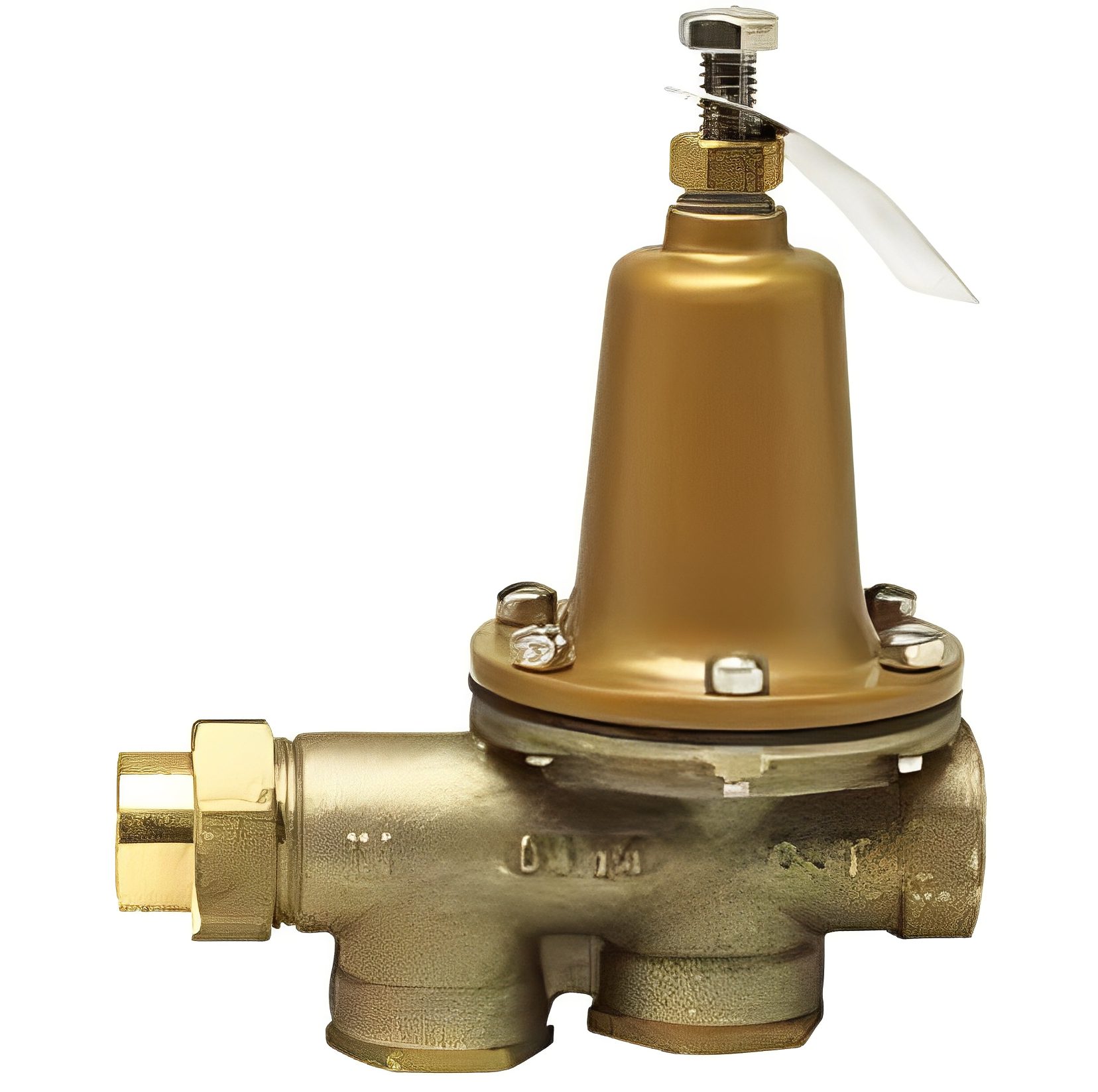 ae362775-aff0-41ba-ae5c-ce9f4ba11e53 Bronze pressure reducing valve with a conical top, adjustment screw, and threaded connections on both sides.