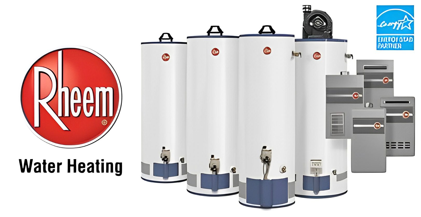 afabca7f-4d22-46c6-bbeb-670d8c195e38 Rheem logo with a lineup of white water heaters and grey HVAC units beside the Energy Star partner logo on the top right.