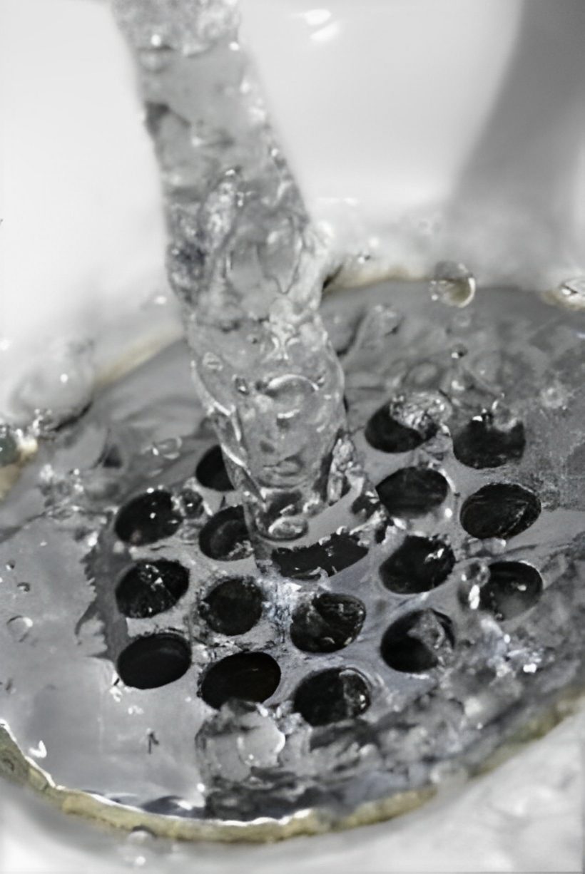 dc059a28-9416-44bb-aba0-b65e249c5927 Water flows into a sink drain, creating ripples and bubbles around the metal strainer.
