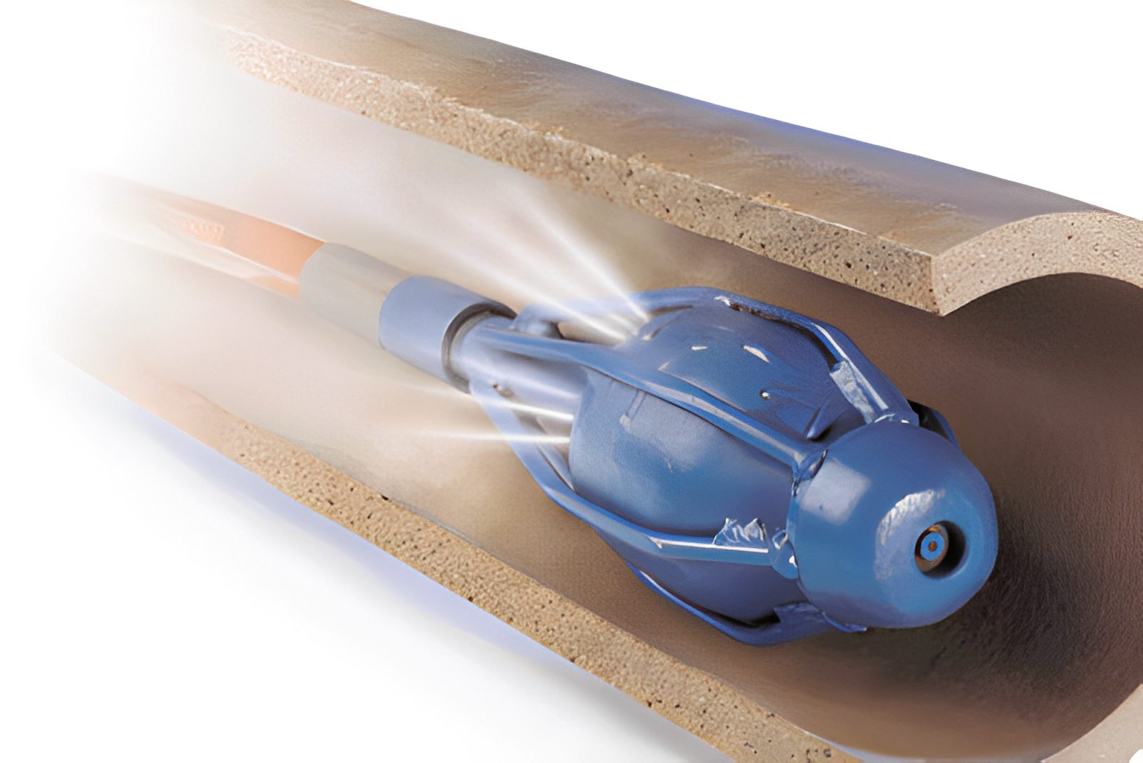 ed63e5f1-70b6-4ce1-8abb-c895cc278523 Blue pipe inspection robot moving through a beige pipe interior, emitting white light beams.